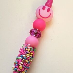 Handmade Pink Smiley Face Confetti Sprinkles Beaded Silicone Focal Bead Pen